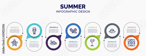 infographic for summer concept. vector infographic template with icons and 7 option or steps. included sea turtle, wetsuit, lake, rackets, refreshing cold drink, pamela hat, life guard for abstract