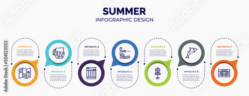 infographic for summer concept. vector infographic template with icons and 7 option or steps. included travel guide, sangria, air mattress, waterski, disc golf, dolphin on water waves, caste for