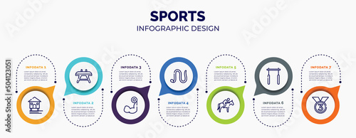 infographic for sports concept. vector infographic template with icons and 7 option or steps. included stilt house, vaulting horse, biceps curl, earthworm, horse riding, horizontal bar, third place