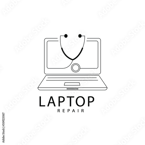 Computer logo design. Pc fix, repair icon. Computer maintenance service. Coding, software. Computer tech shop. Computer help logotype badge, brand logo, name symbol, sign, emblem. Vector illustration.