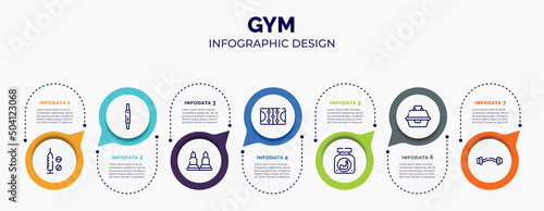 infographic for gym concept. vector infographic template with icons and 7 option or steps. included doping, fitness watch, munition, ice court, protein powder, tackle box, ez bar for abstract
