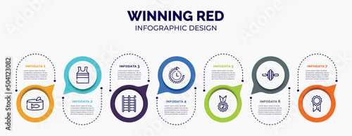 infographic for winning red concept. vector infographic template with icons and 7 option or steps. included tuna can, tanktop, trellis, routine, second place, electric unicycle, first place for