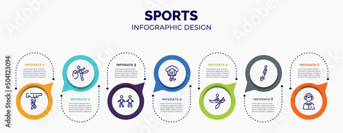 infographic for sports concept. vector infographic template with icons and 7 option or steps. included rappel, rhythmic gymnastics, body mass index, skydiving, kayaking, flyboard, sport commentor