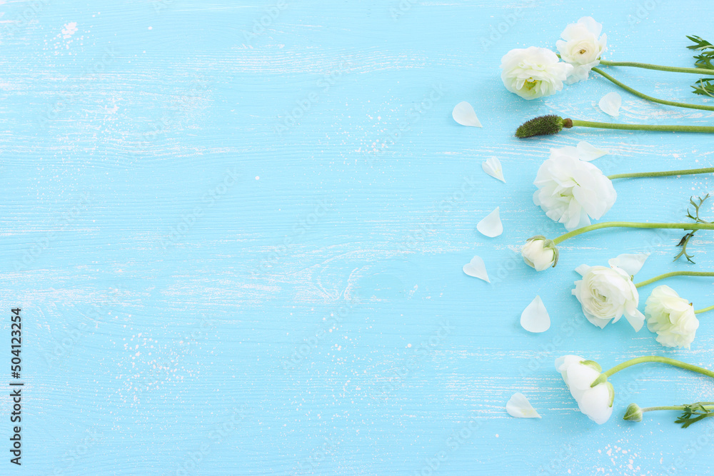 Top view image of white flowers composition over wooden blue pastel background - obrazy, fototapety, plakaty 