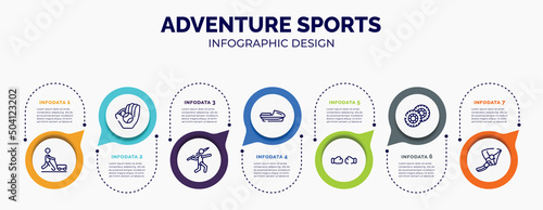 infographic for adventure sports concept. vector infographic template with icons and 7 option or steps. included farming and gardening, baseball ball, javelin, speedboat, punching, pit, hang glider