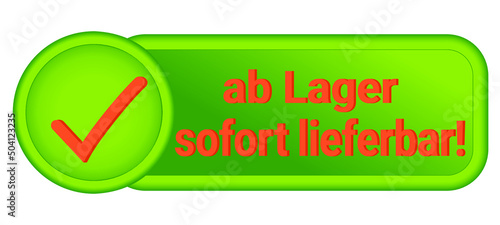 Ein grünes Icon mit Häkchen und Text, ab Lager sofort lieferbar! in oranger Farbe. photo