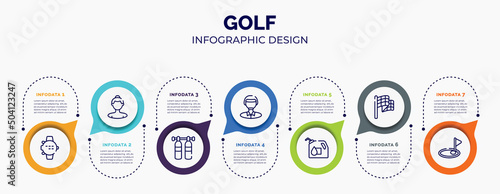 infographic for golf concept. vector infographic template with icons and 7 option or steps. included dive computer, null, gas cilinder, polo player, oil down, victory lap, birdie for abstract