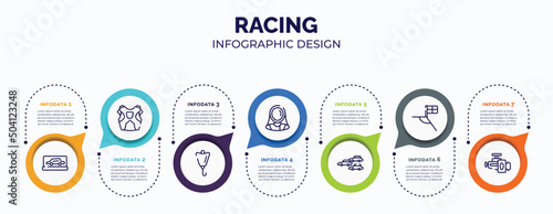 infographic for racing concept. vector infographic template with icons and 7 option or steps. included backup car, protector, lift bag, fencer, apex, football flag, horsepower for abstract