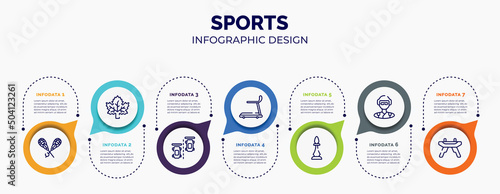 infographic for sports concept. vector infographic template with icons and 7 option or steps. included lacrosse, m leaf, null, cardio, chesspiece, skydiver, pommel horse for abstract background.