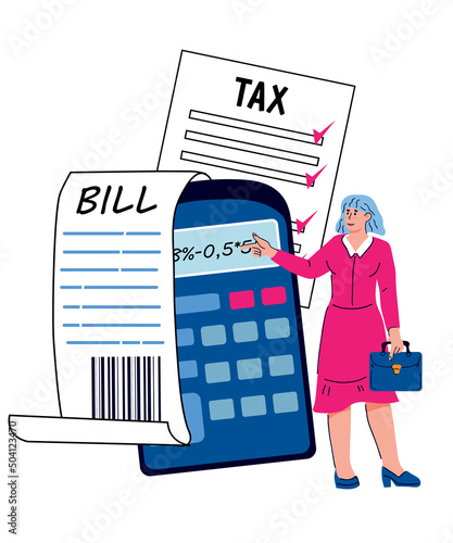 Financial advisor or accountant with documents for tax calculation and financial report, flat vector illustration isolated on white background.