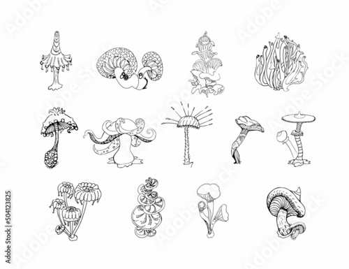 Fantasy decorative set of hand drawn magic mushrooms various shape on white background. Vector illustration