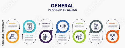 infographic for general concept. vector infographic template with icons and 7 option or steps. included ecommerce strategy, 3d printing, eco battery, advertising agency, inflate tire, engine oil,