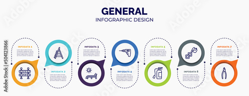 infographic for general concept. vector infographic template with icons and 7 option or steps. included traffic barriers, stepladder, deck chair under the sun, perforator, fire estinguisher, live