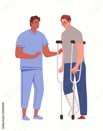 Bone injury or fracture. Doctor or paramedic accompanies, consults person with crutches and cast on broken leg. Rehabilitation and treatment after accident. Vector characters flat cartoon illustration