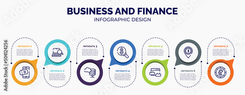 infographic for business and finance concept. vector infographic template with icons and 7 option or steps. included eticket, optimizer, data cloud, currency search, blog commenting, dollar spot,