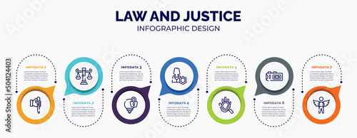 infographic for law and justice concept. vector infographic template with icons and 7 option or steps. included murder, business law, intellectual property, custody, evidence, recorder, innocent for