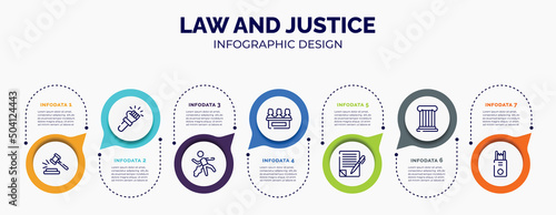 infographic for law and justice concept. vector infographic template with icons and 7 option or steps. included case closed, violence, corpse, jury, wills and trusts, roman law, electroshock weapon