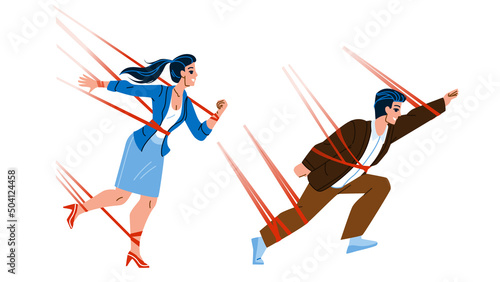 Business Difficulty Man And Woman Managers Vector. Businessman And Businesswoman With Tied Hands And Legs Feeling Business Difficulty In Occupation. Characters Flat Cartoon Illustration