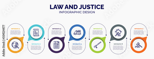 infographic for law and justice concept. vector infographic template with icons and 7 option or steps. included international law, death certificate, criminal record, prisoner transport vehicle,