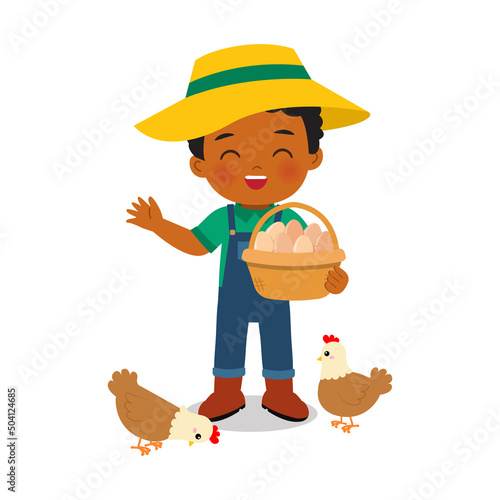 Cute boy holding a basket of fresh eggs. Flat vector cartoon design