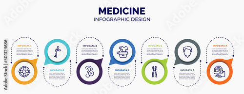 infographic for medicine concept. vector infographic template with icons and 7 option or steps. included life saver, medical clamp, impaired, washing clothes, tooth pliers, chin, defibrillator for