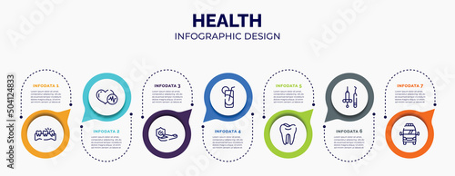 infographic for health concept. vector infographic template with icons and 7 option or steps. included misaligned, heart beats, travel insurance, fresh soda glass, molar, dentist tools, frontal