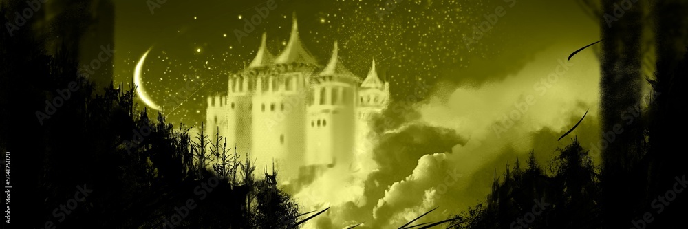 Silhouettes of beautiful European castles floating in the deep forest on a starry night	