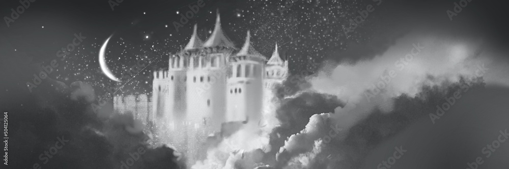 Silhouettes of beautiful European castles floating in the deep cloud on a starry night	