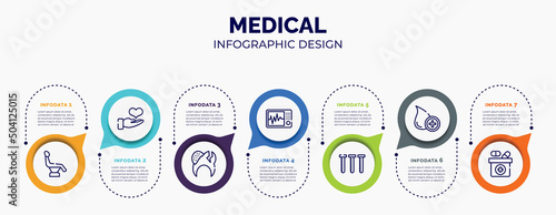 infographic for medical concept. vector infographic template with icons and 7 option or steps. included dentist chair, donator, decayed, icu, blood sample, donor, medicine box for abstract