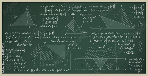 Mathematical and scientific formulas for finding the area of a triangle on a blackboard.