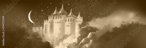 Silhouettes of beautiful European castles floating in the deep cloud on a starry night 