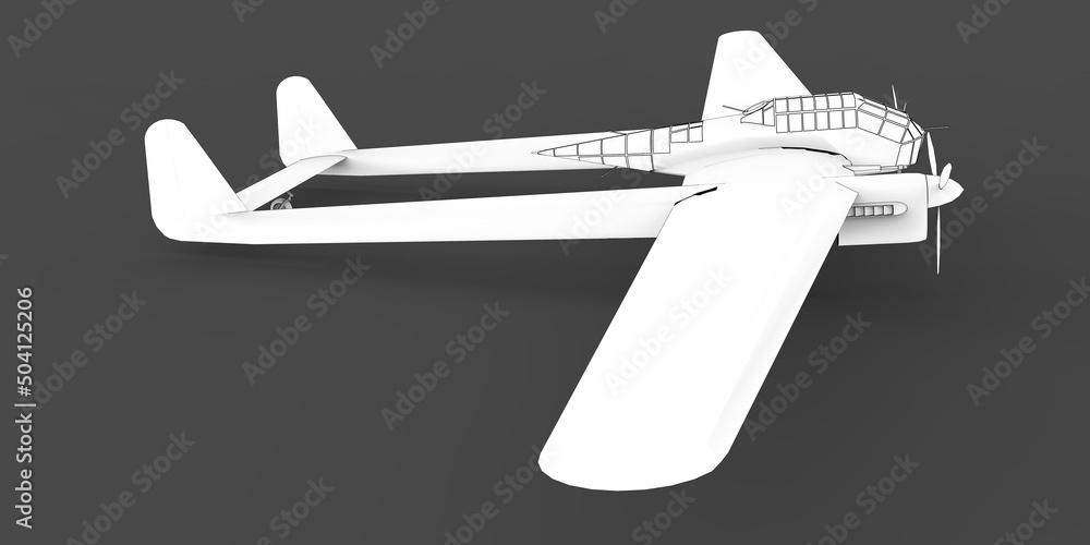 Three-dimensional model of the bomber aircraft of the second world war. Body with two tails and wide wings. Turboprop engine. Drawn airplane on a gray background. 3d illustration. Three-dimensional model of the bomber aircraft of the second world war. Body with two tails and wide wings. Turboprop engine. Drawn airplane on a gray background. 3d illustration.