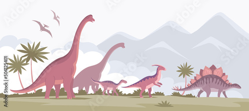 Big brachiosaurus with a long neck, parasaurolophus, stegosaurus. Herbivorous dinosaur of the Jurassic period. Vector cartoon illustration. Prehistoric pangolin.Science paleontology. Wild landscape