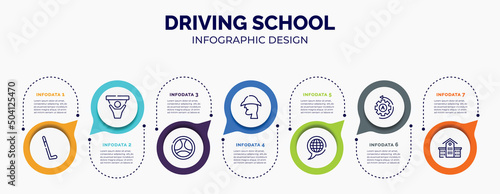 infographic for driving school concept. vector infographic template with icons and 7 option or steps. included hockey stick, fans, driving, sherlock holmes, languages, automatic, kindergarten for