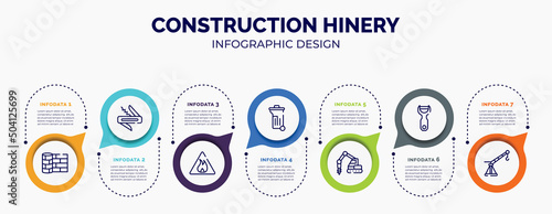 infographic for construction hinery concept. vector infographic template with icons and 7 option or steps. included linoleum, jackknife, inflamable, dumpster, trucking, peeler, davit for abstract