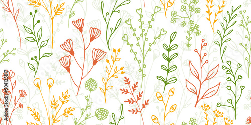 Field flower branches organic vector seamless background. Beautiful herbal graphic design. Grass plants leaves and bloom illustration. Field flower sprigs spring endless ornament