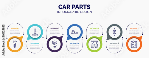 infographic for car parts concept. vector infographic template with icons and 7 option or steps. included garage screw, gardening rake, ecologic light bulb, open scale, accelerator, seat belt,