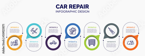 infographic for car repair concept. vector infographic template with icons and 7 option or steps. included side mirror, repair tools cross, steamroller, repairman inside a home, garage wrench,
