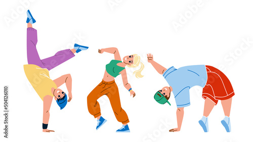 Teenagers In Dancing Class Exercising Dance Vector. Boy And Girl Teens Training Energy Break Dance Togetherness. Characters Hip Hop Practicing And Performing Flat Cartoon Illustration