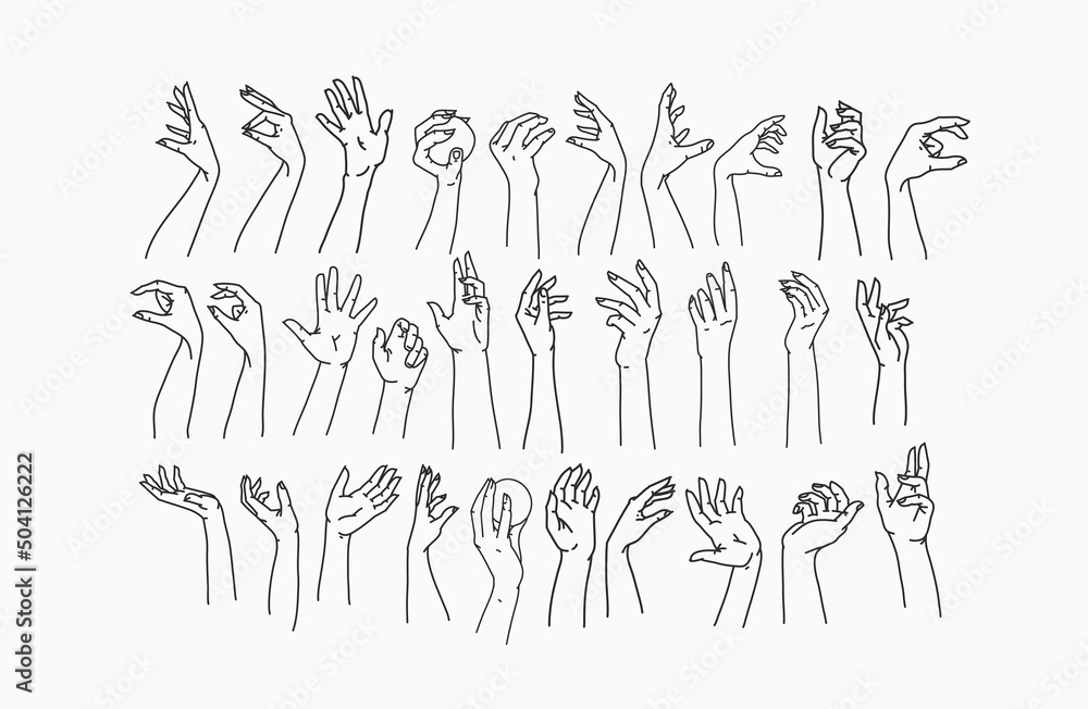 Womans hand collection line set bundle. Vector feminine Illustrations of female hands of different gestures. Lineart in a trendy minimalist style. Logo design, hand cream, nail Studio, posters,cards.