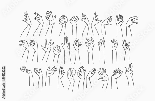 Womans hand collection line set bundle. Vector feminine Illustrations of female hands of different gestures. Lineart in a trendy minimalist style. Logo design, hand cream, nail Studio, posters,cards.