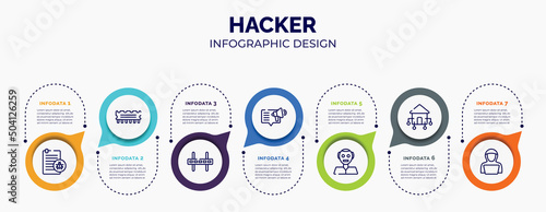 infographic for hacker concept. vector infographic template with icons and 7 option or steps. included corrupt file, rom, wall bracket, content marketing, humanoid, domotics, hack for abstract