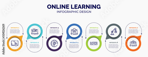 infographic for online learning concept. vector infographic template with icons and 7 option or steps. included mouse pad, online university, blu ray, fraud, hdmi port, robotic arm, job