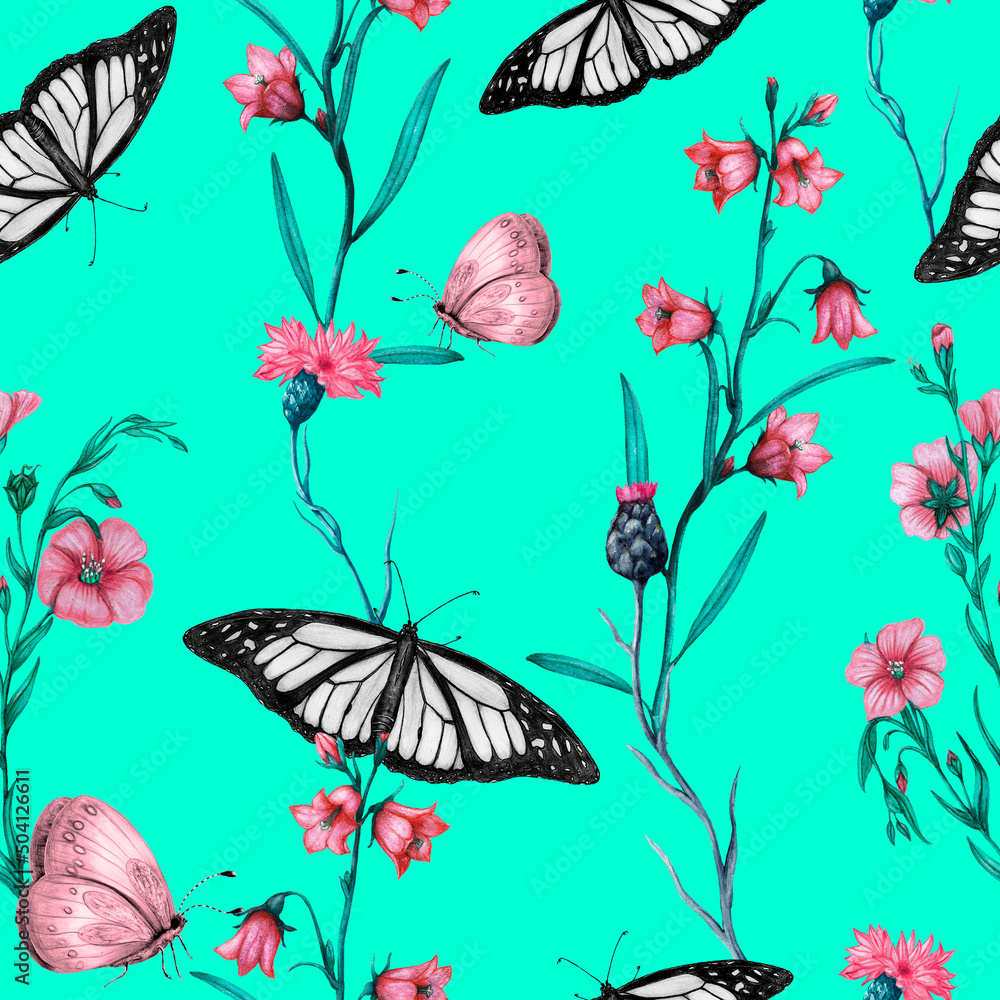 Obraz premium Repeat floral pattern with butterflies and wildflowers