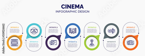 infographic for cinema concept. vector infographic template with icons and 7 option or steps. included freeze frame, hd movie, subtitle, home cinema, film award, slow motion, slide projector for