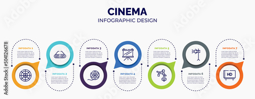 infographic for cinema concept. vector infographic template with icons and 7 option or steps. included round carpet, old 3d glasses, film roll side view, fabric for movies, null, movie light, hd for
