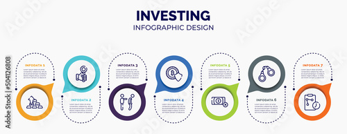 infographic for investing concept. vector infographic template with icons and 7 option or steps. included ingot, hand up, fired, cryptocurrency, no money, handcuffs, real time strategy for abstract