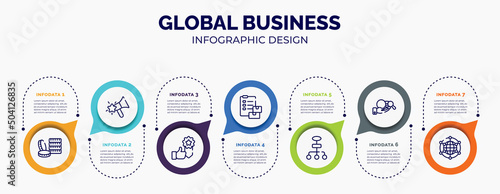 infographic for global business concept. vector infographic template with icons and 7 option or steps. included money stack, favourites, best seller, customs, flow chart, corruption, free trade for