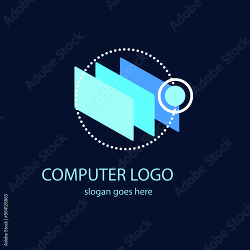 Computer logo design. Pc fix, repair icon. Computer maintenance service. Coding, software. Computer tech shop. Computer help logotype badge, brand logo, name symbol, sign, emblem. Vector illustration.