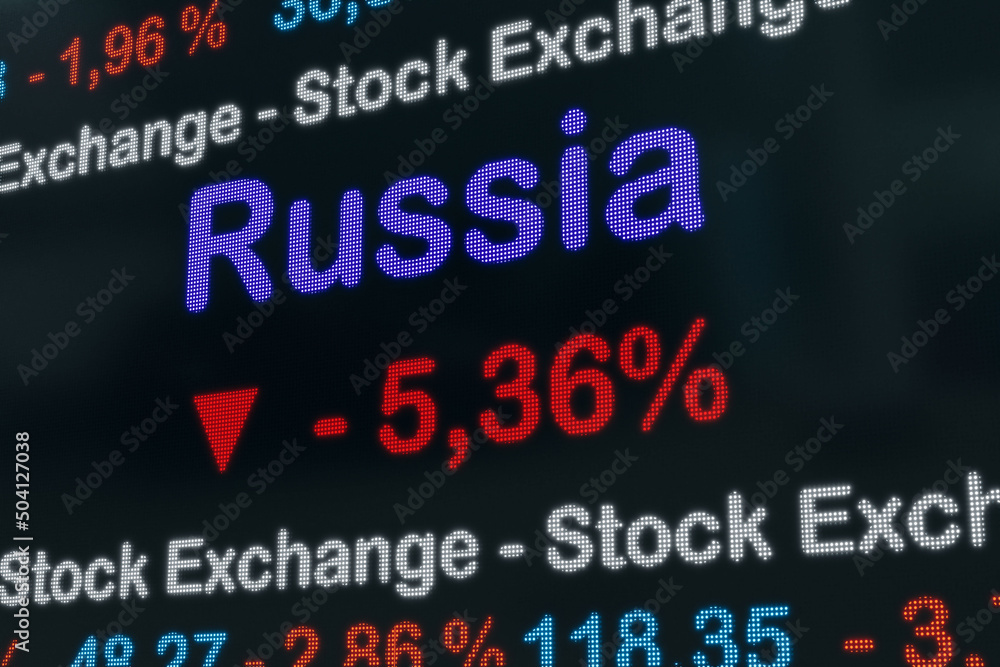 Russian stock exchange down. Negative stock market data on a trading screen. Red percentage sign and ticker information. Moscow stock exchange and business concept. 3D illustration